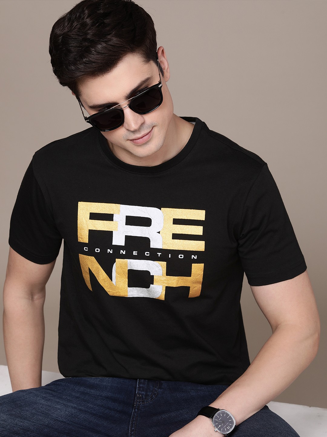 

French Connection Brand Logo Printed Pure Cotton T-shirt, Black