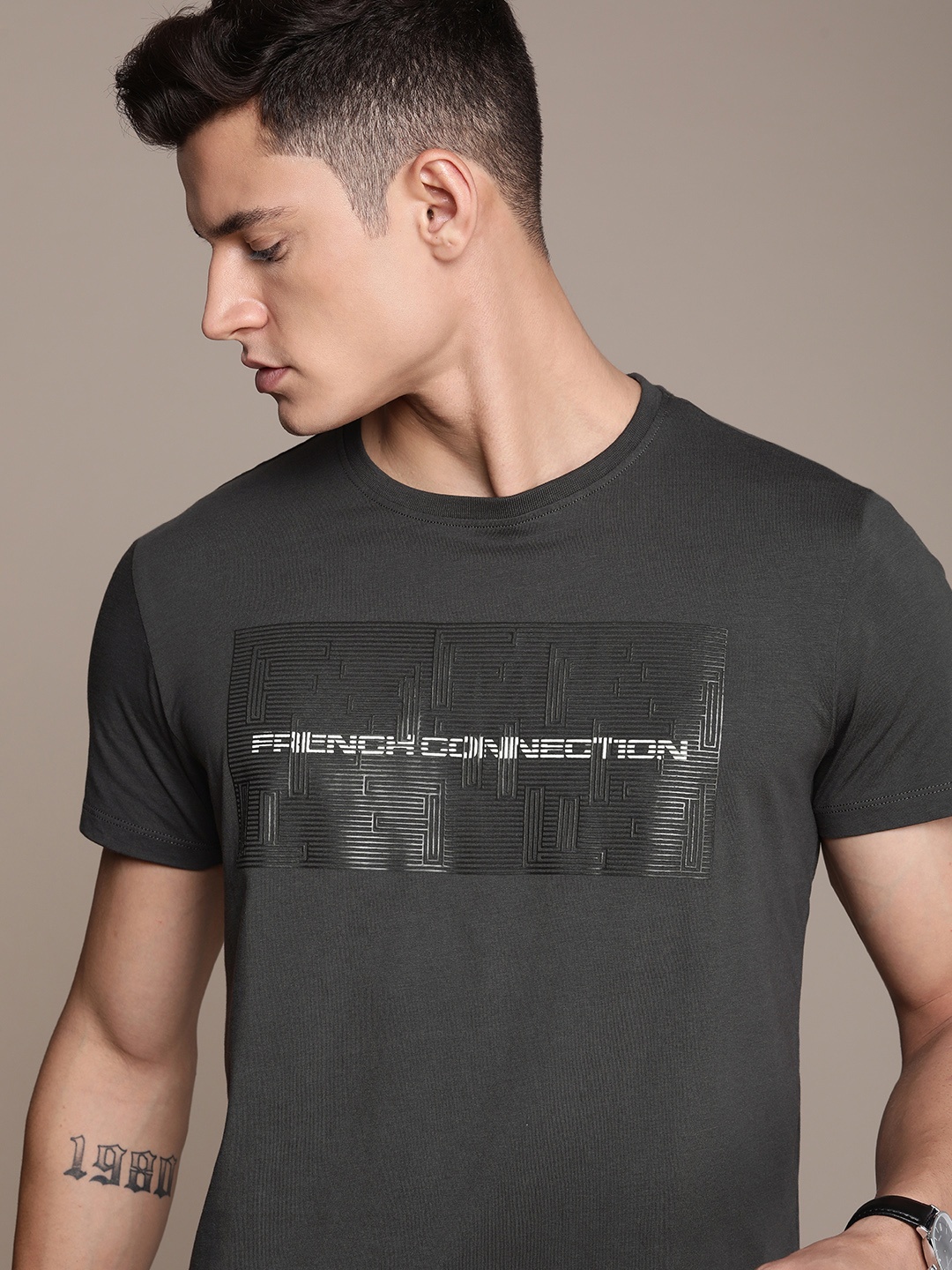 

French Connection Men Brand Logo Printed Pure Cotton T-shirt, Grey