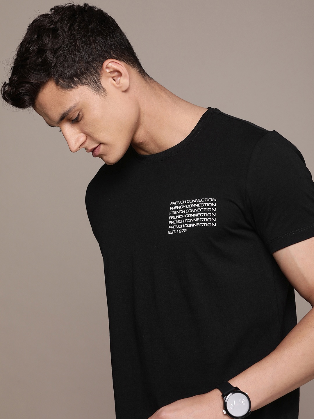 

French Connection Round Neck Minimal Typography Printed Pure Cotton T-shirt, Black