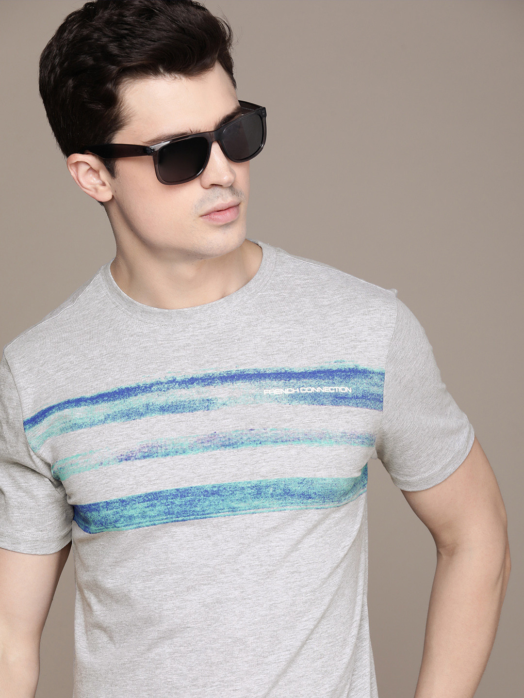

French Connection Round Neck Striped T-shirt, Grey melange