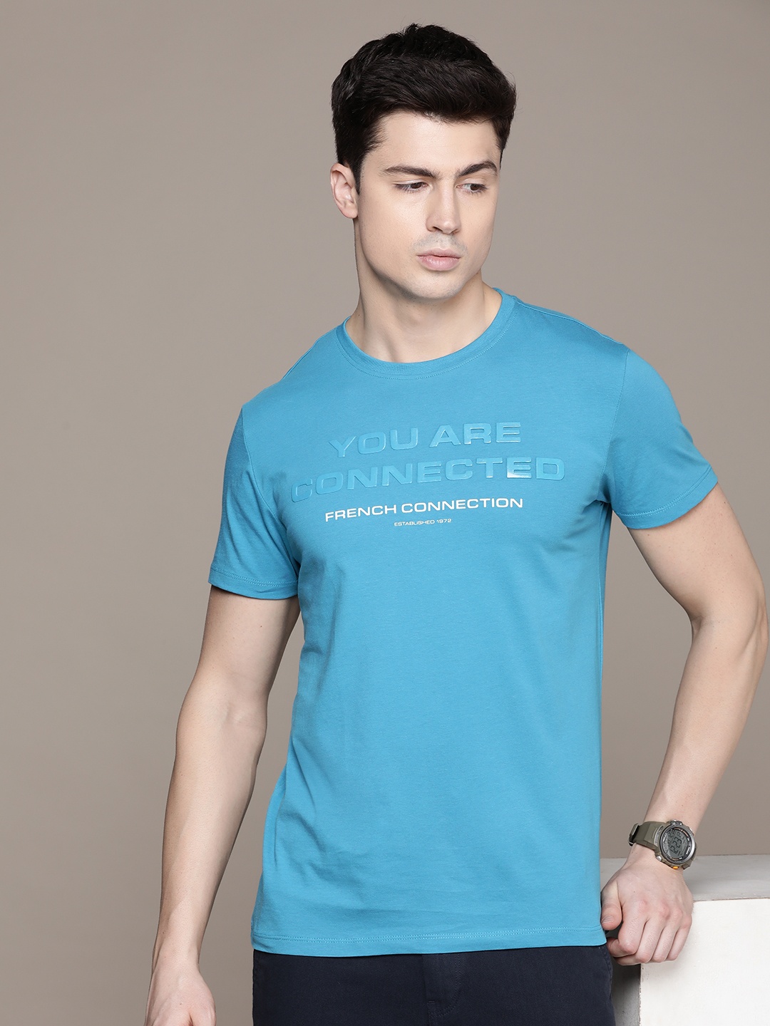 

French Connection Men Pure Cotton Brand Logo Printed T-shirt, Blue