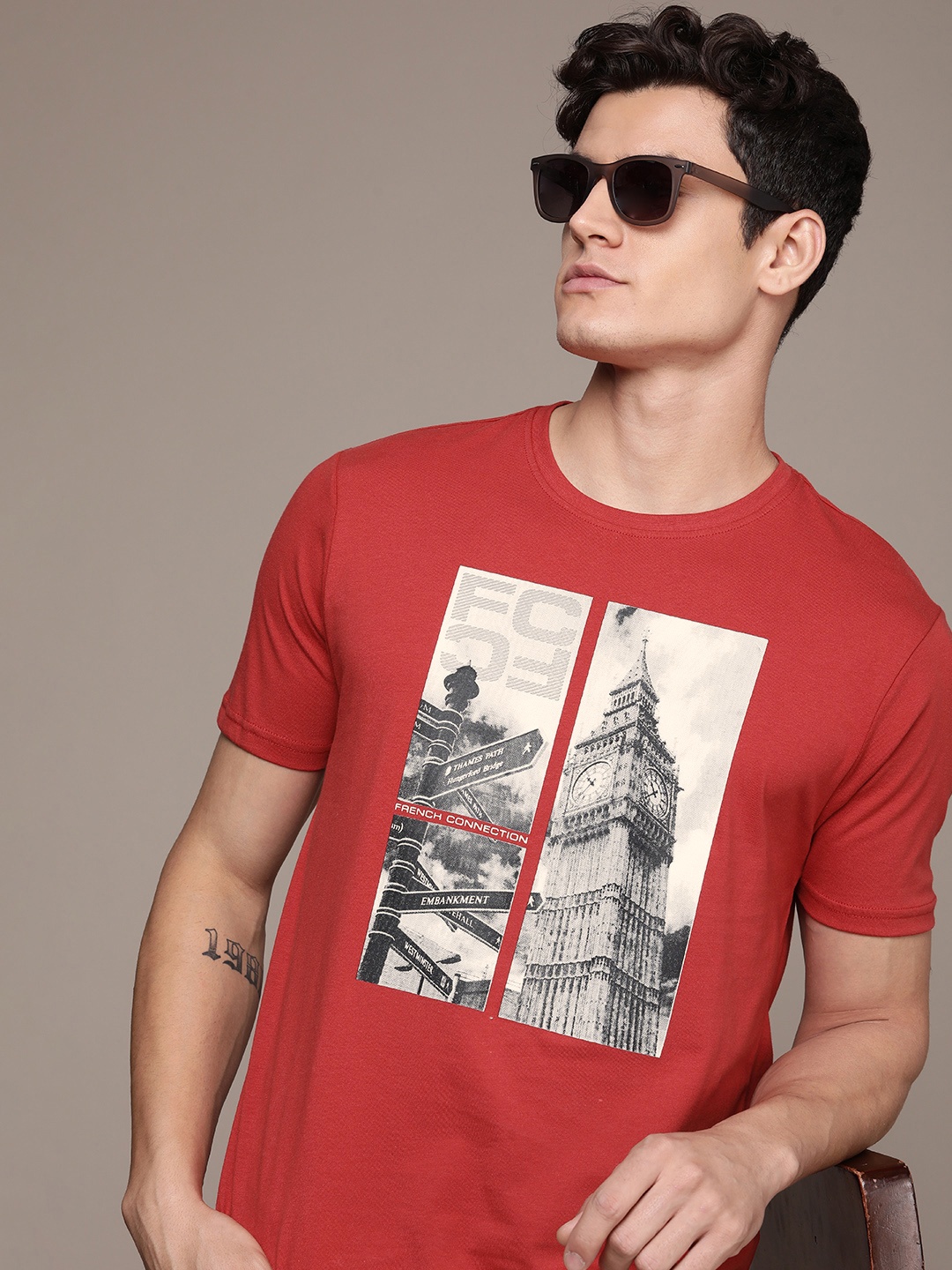 

French Connection Printed Pure Cotton T-shirt, Red