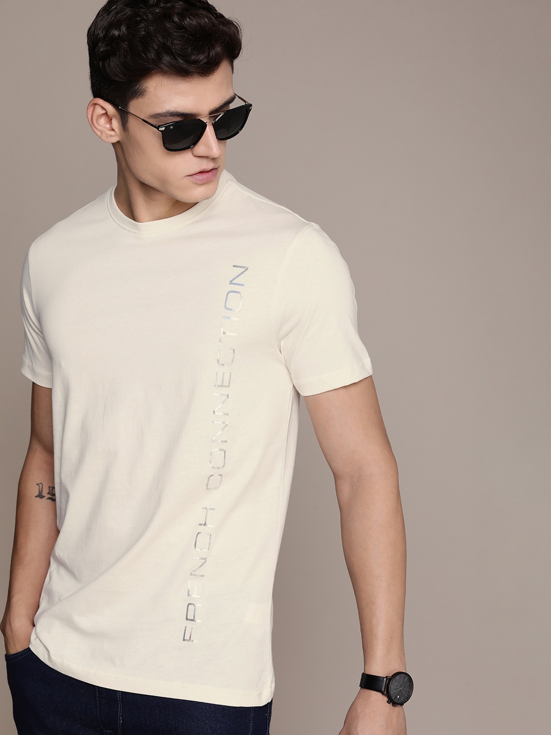 

French Connection Brand Logo Printed Pure Cotton T-shirt, Cream