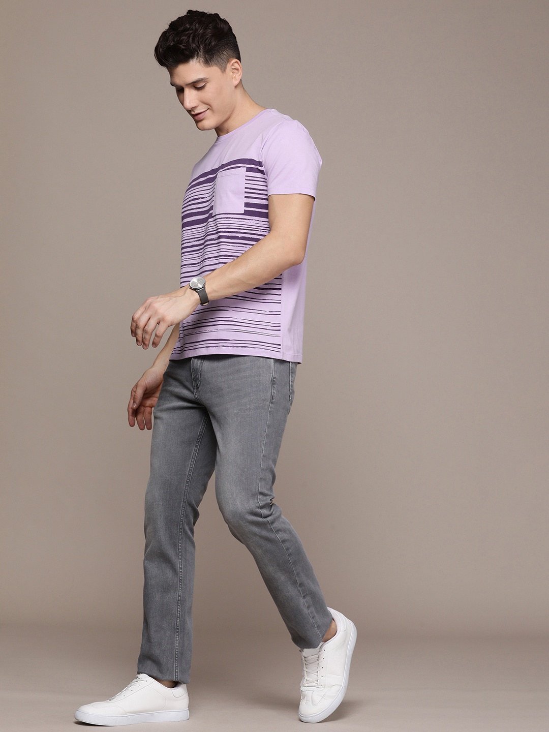 

French Connection Striped Pockets Knitted Pure Cotton T-shirt, Purple