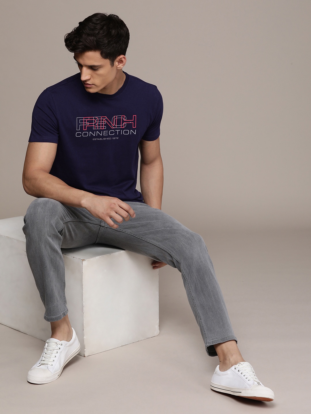 

French Connection Men Pure Cotton Brand Logo Printed T-shirt, Navy blue
