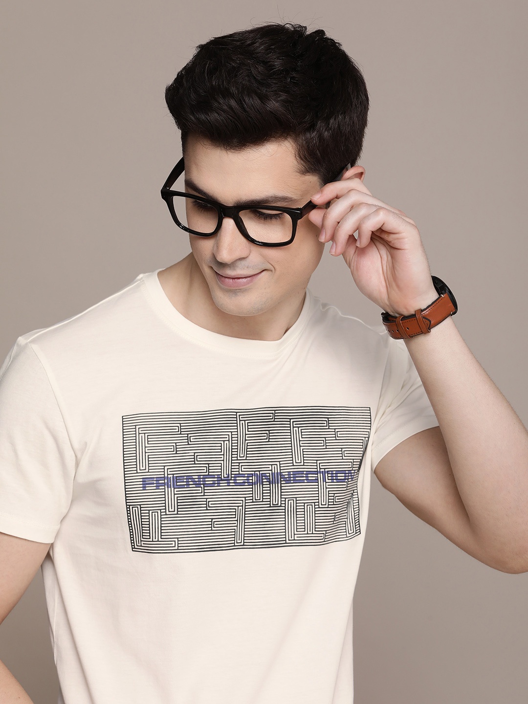 

French Connection Geometric Typography Printed Pure Cotton T-shirt, White