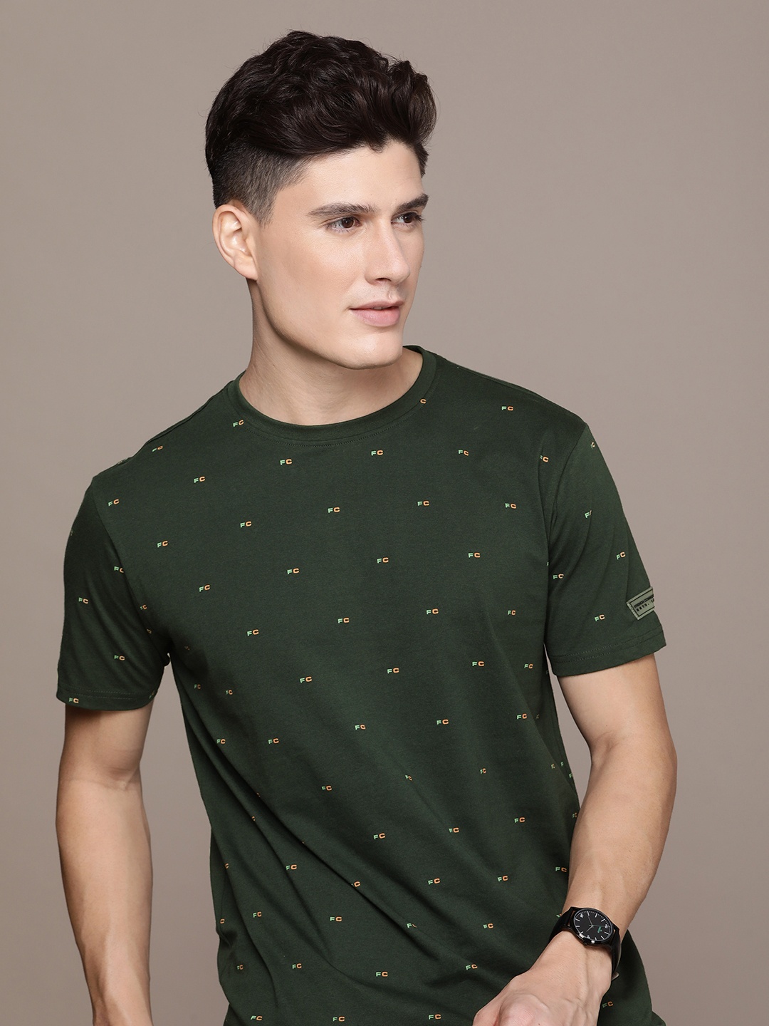 

French Connection Men Pure Cotton Brand Logo Printed T-shirt, Green