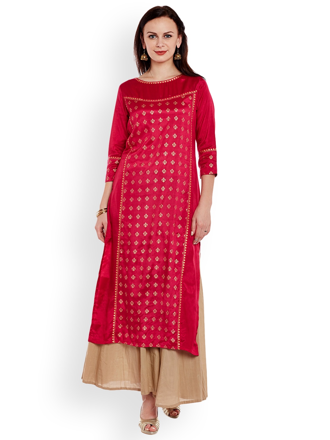 

Varanga Pink Shantoon Gold Print Kurta With Palazzo, Red