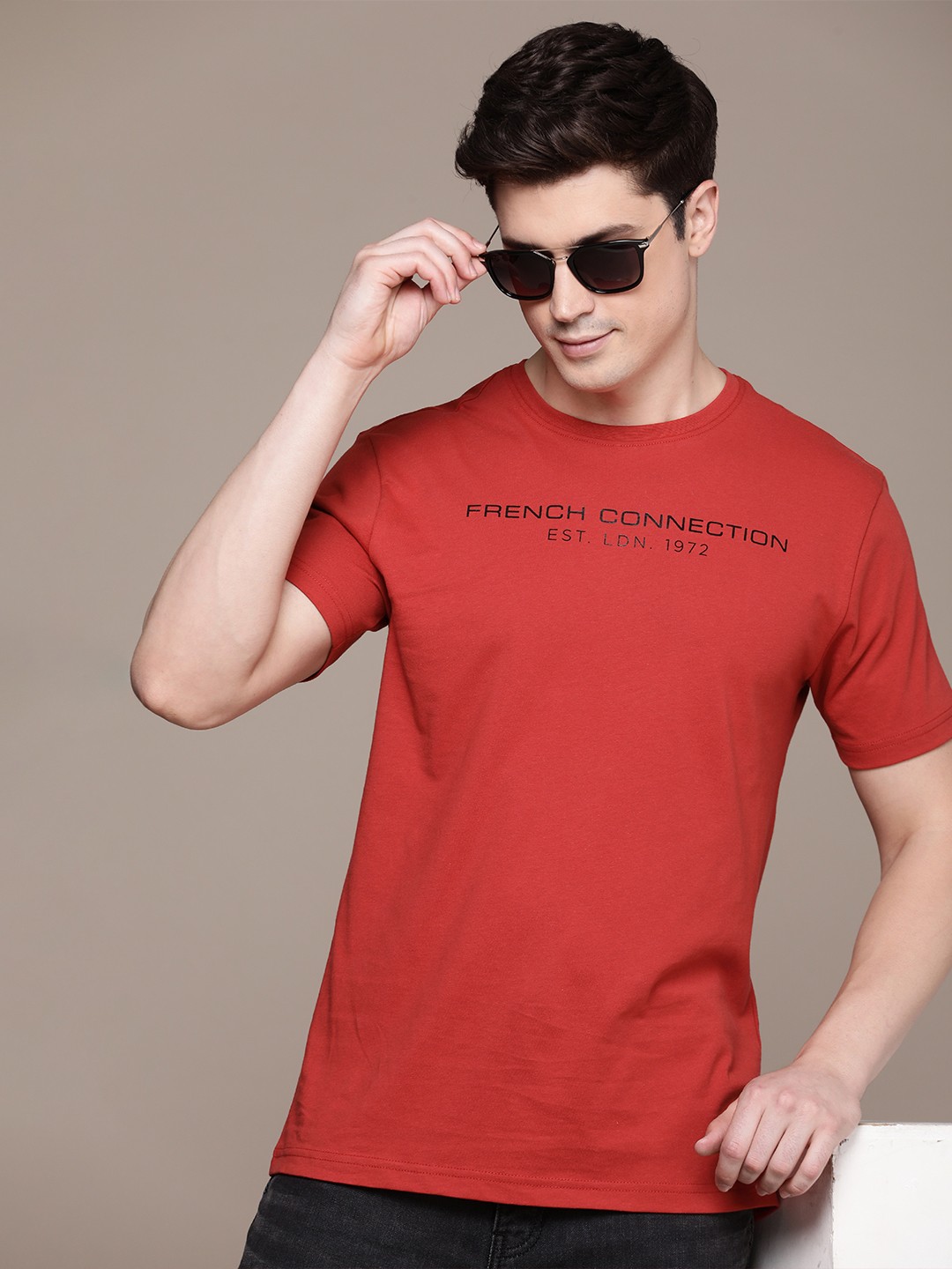 

French Connection Brand Logo Printed Pure Cotton T-shirt, Red