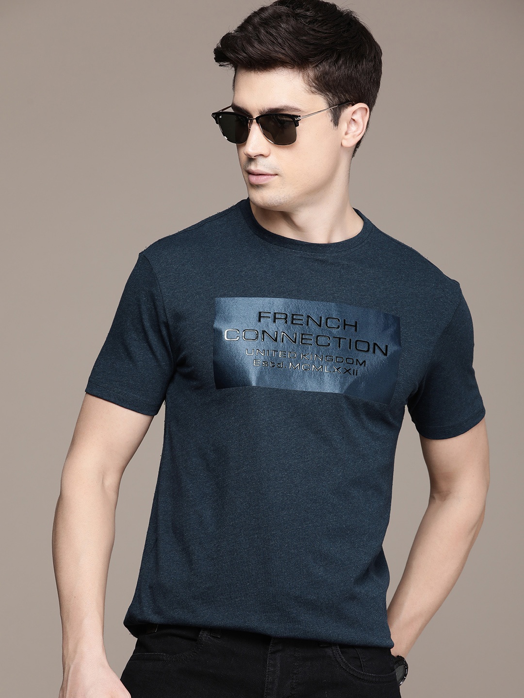 

French Connection Men Brand Logo Printed Pure Cotton T-shirt, Navy blue