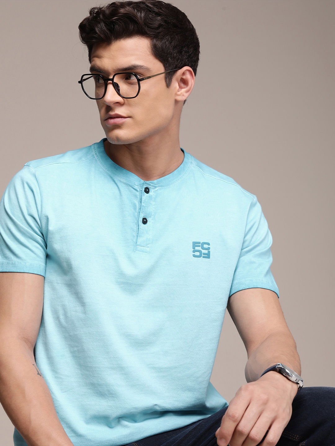 

French Connection Men Henley Neck Pure Cotton T-shirt, Blue