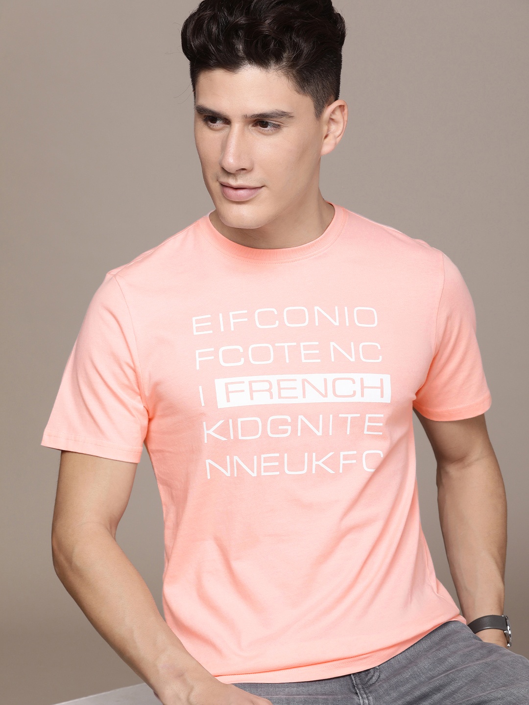 

French Connection Typography Print Round Neck Knitted Pure Cotton T-shirt, Pink