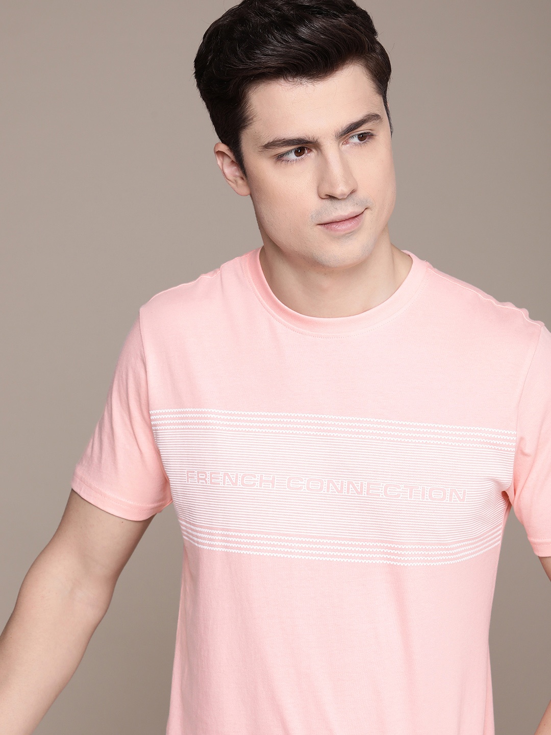 

French Connection Round Neck Typography & Striped Pure Cotton T-shirt, Pink