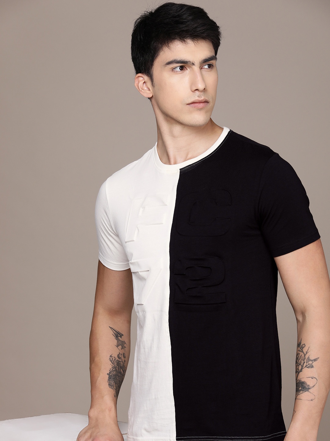 

French Connection Pure Cotton Embossed Colourblocked Casual T-shirt, Black