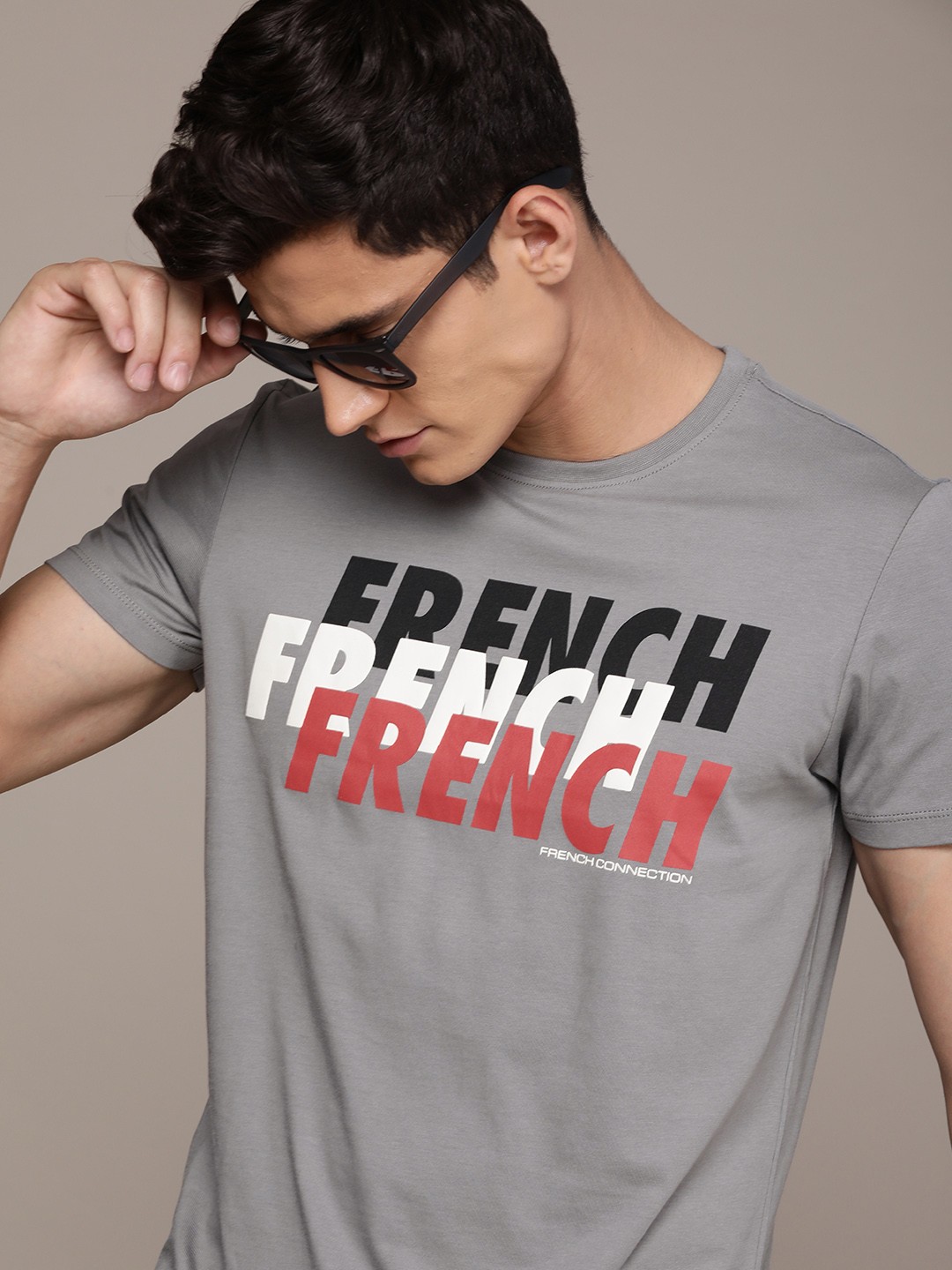 

French Connection Men Typography Printed Pure Cotton T-shirt, Grey
