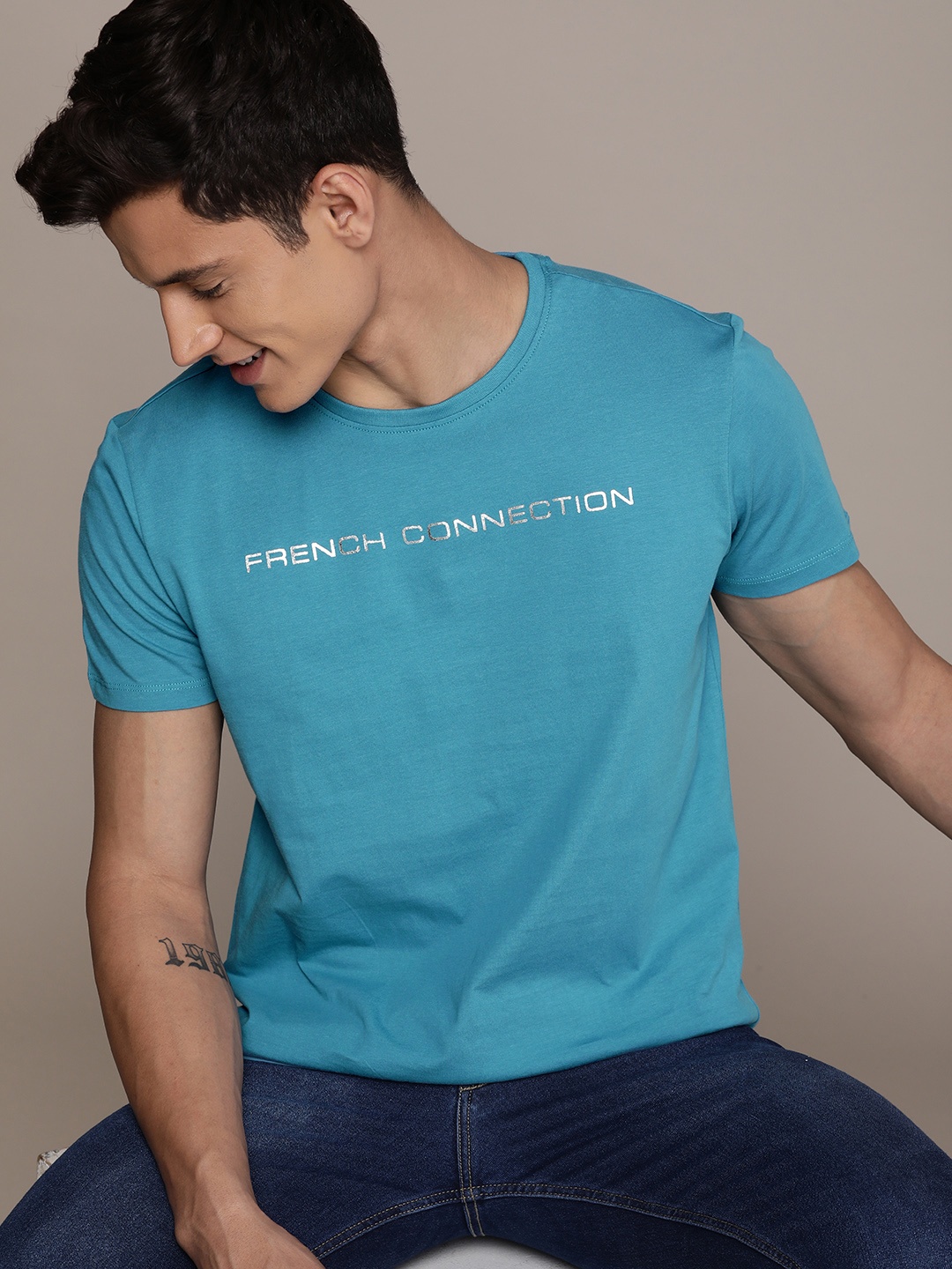 

French Connection Brand Logo Printed Pure Cotton T-shirt, Teal