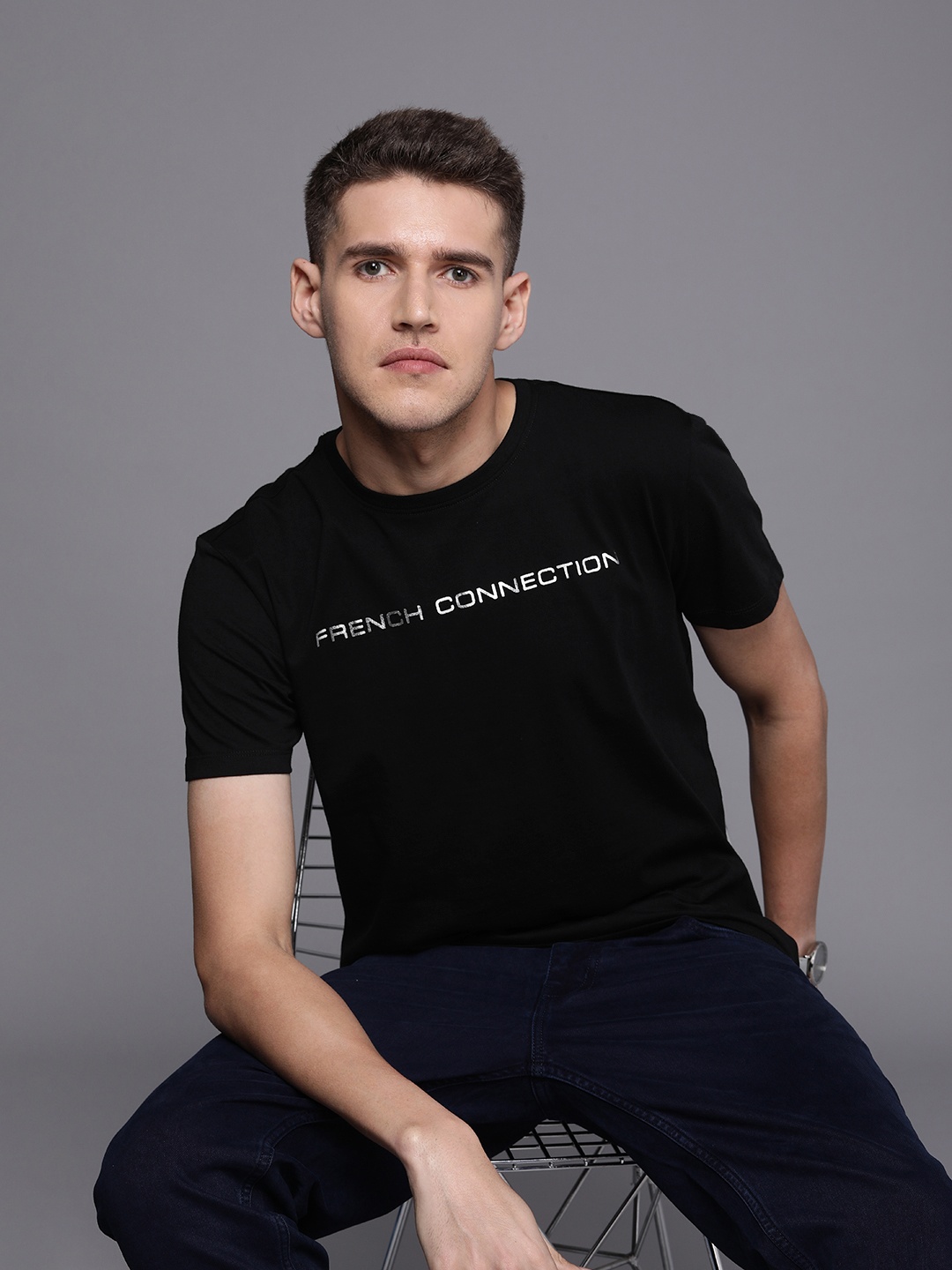 

French Connection Brand Logo Printed Pure Cotton T-shirt, Black