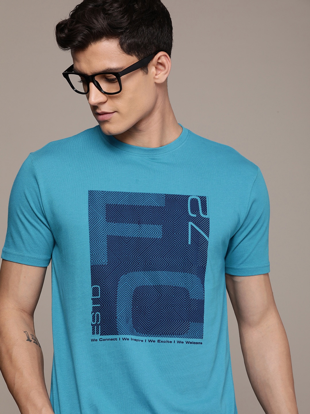 

French Connection Men Pure Cotton Geometric Printed T-shirt, Blue