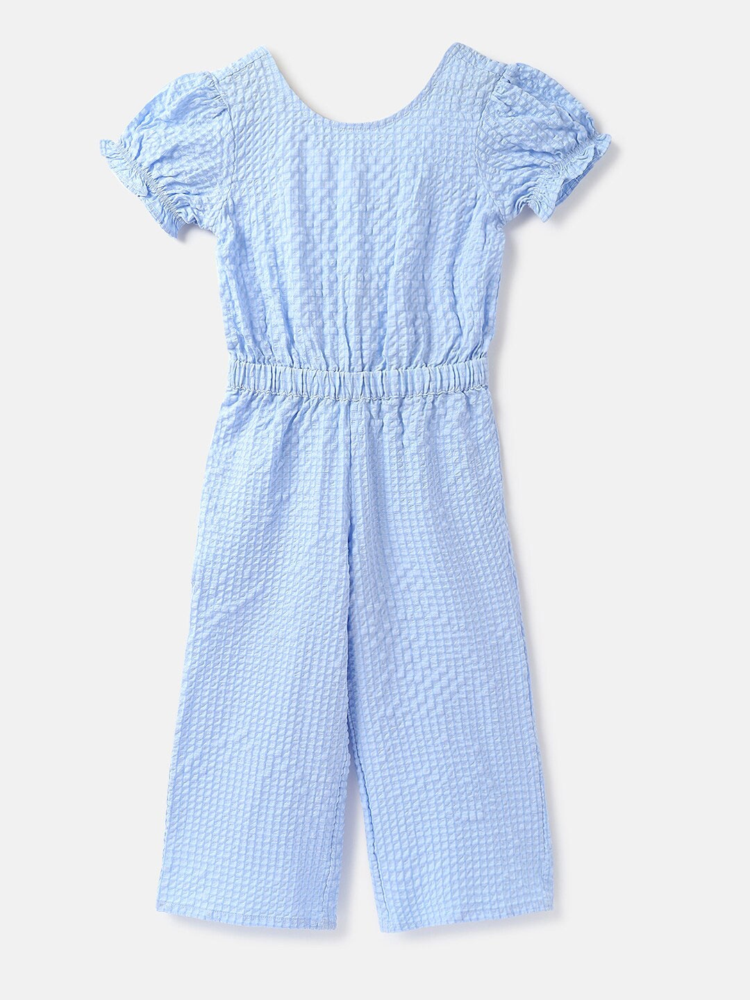 

United Colors of Benetton Girls Self Design Puff Sleeves Basic Jumpsuit, Blue