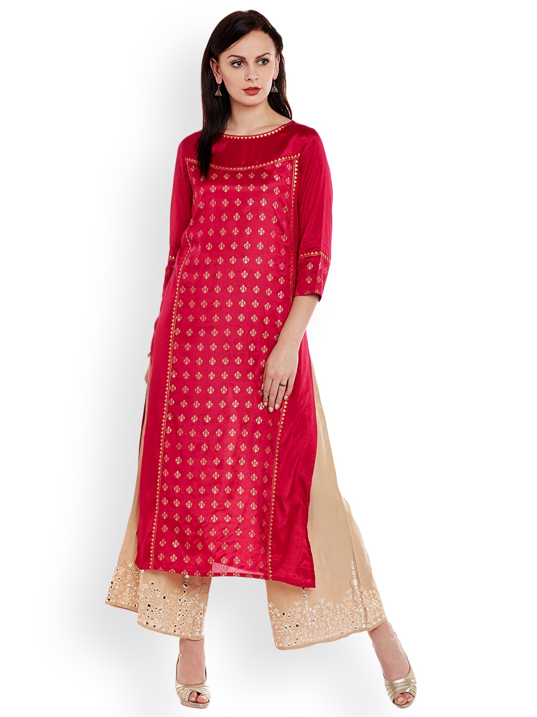 

Varanga Pink Shantoon Gold Print Kurta With Palazzo, Red