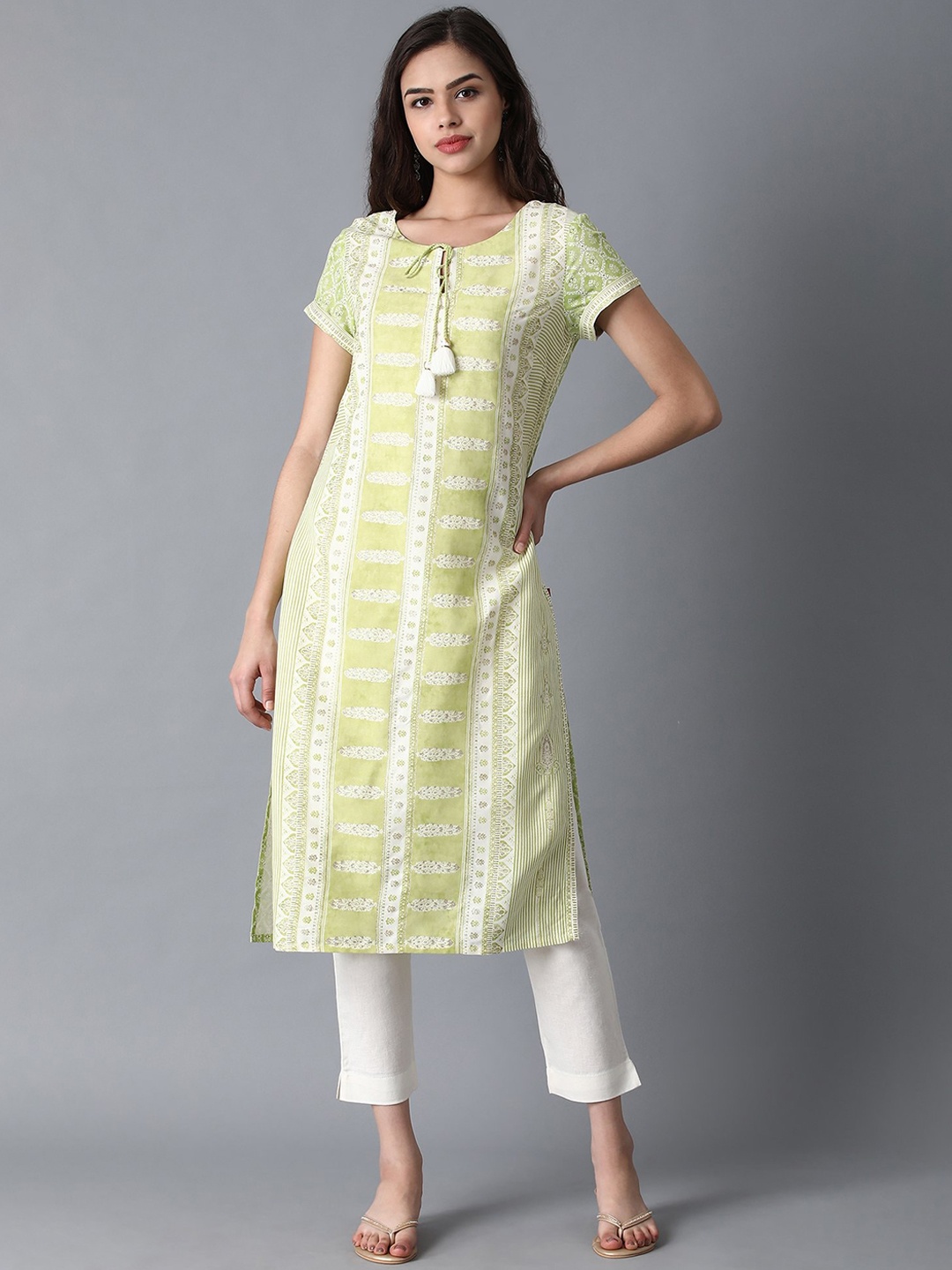 

W Women Geometric Printed Keyhole Neck Kurta, White