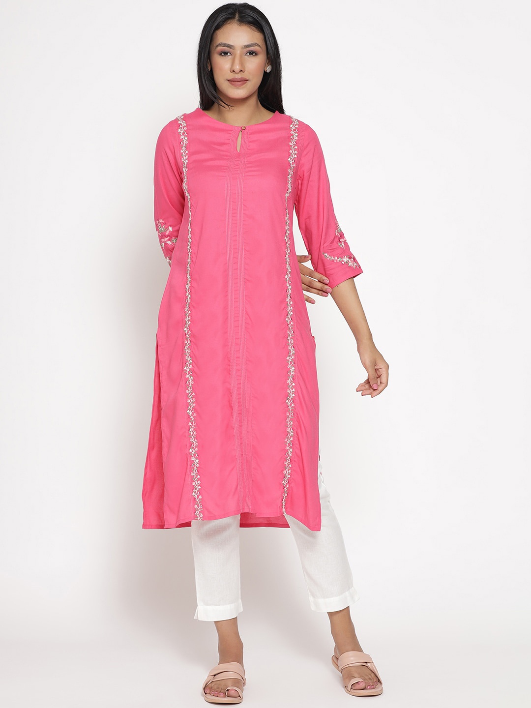 

W Floral Embroidered Keyhole Neck Thread Work Kurta, Pink