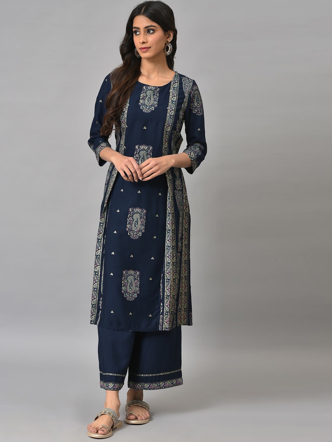 

W Women Ethnic Motifs Printed Kurta with Palazzos, Navy blue