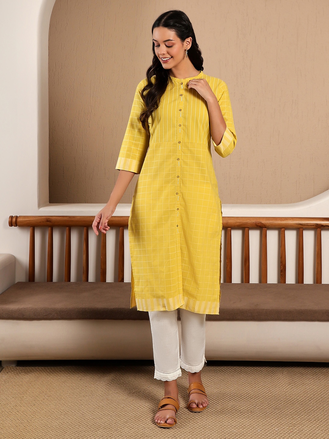 

W Women Striped Pure Cotton Kurta, Yellow