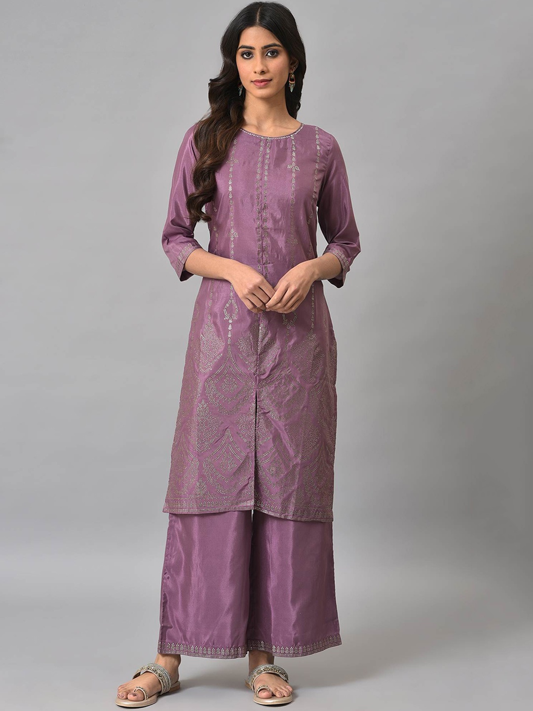 

W Women Ethnic Motifs Printed Sequinned Kurta with Palazzos, Purple