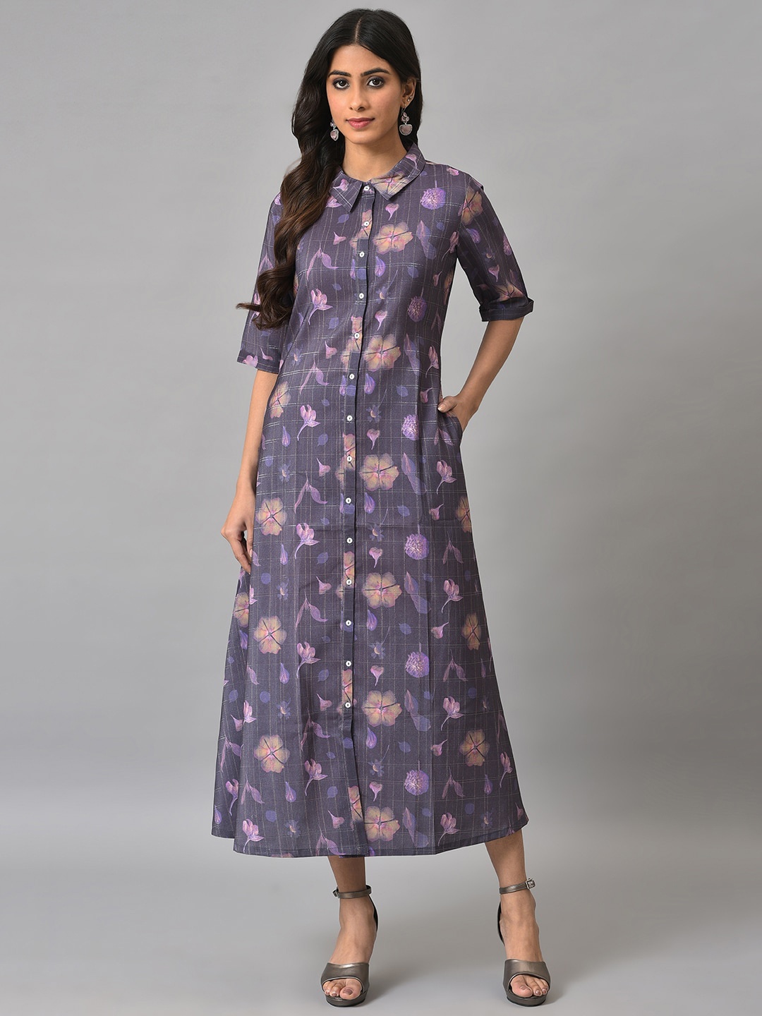 

W Floral Shirt Maxi Dress, Purple