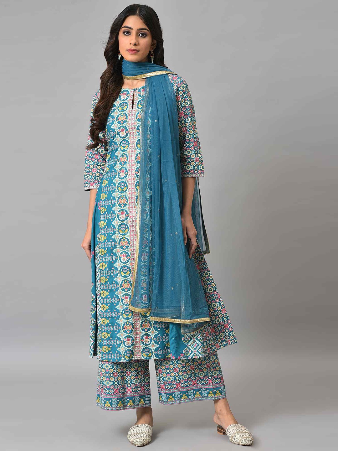 

W Women Printed Keyhole Neck Kurta with Palazzos & Dupatta, Blue