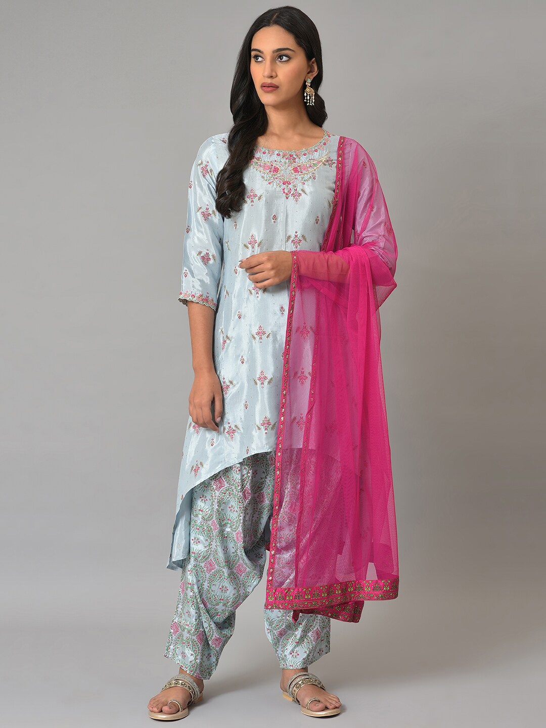 

W Festive Floral Print Rayon Kurta With Salwar & Dupatta, Blue