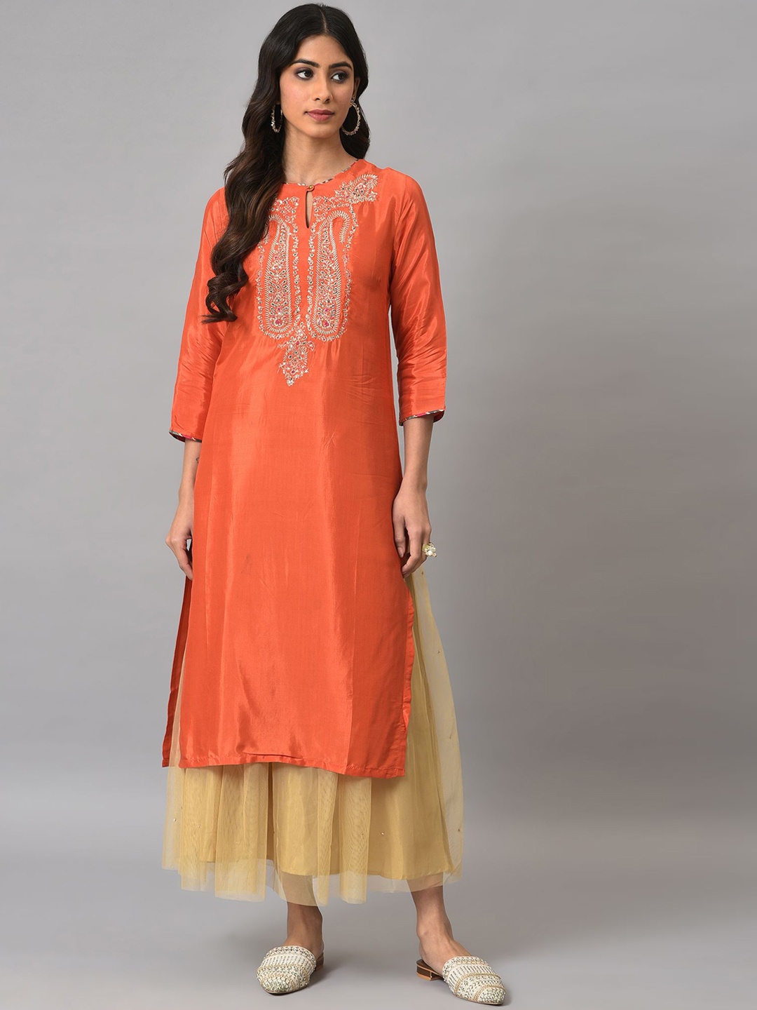

W Women Ethnic Motifs Yoke Design Thread Work Kurta with Skirt, Orange