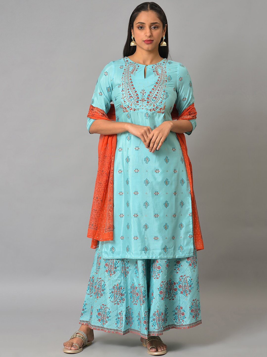 

W Women Festive Floral Print Shantung Kurta With Cullote & Dupatta, Turquoise blue