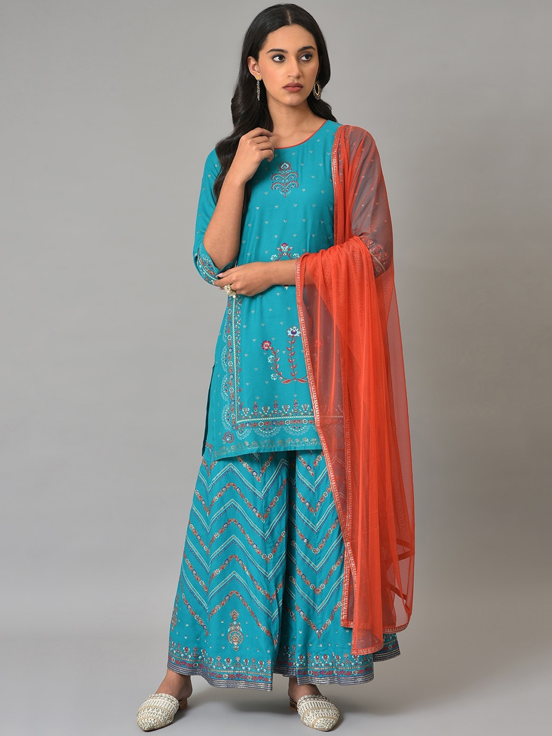

W Festive Floral Print Rayon Kurta With Sharara & Dupatta, Blue