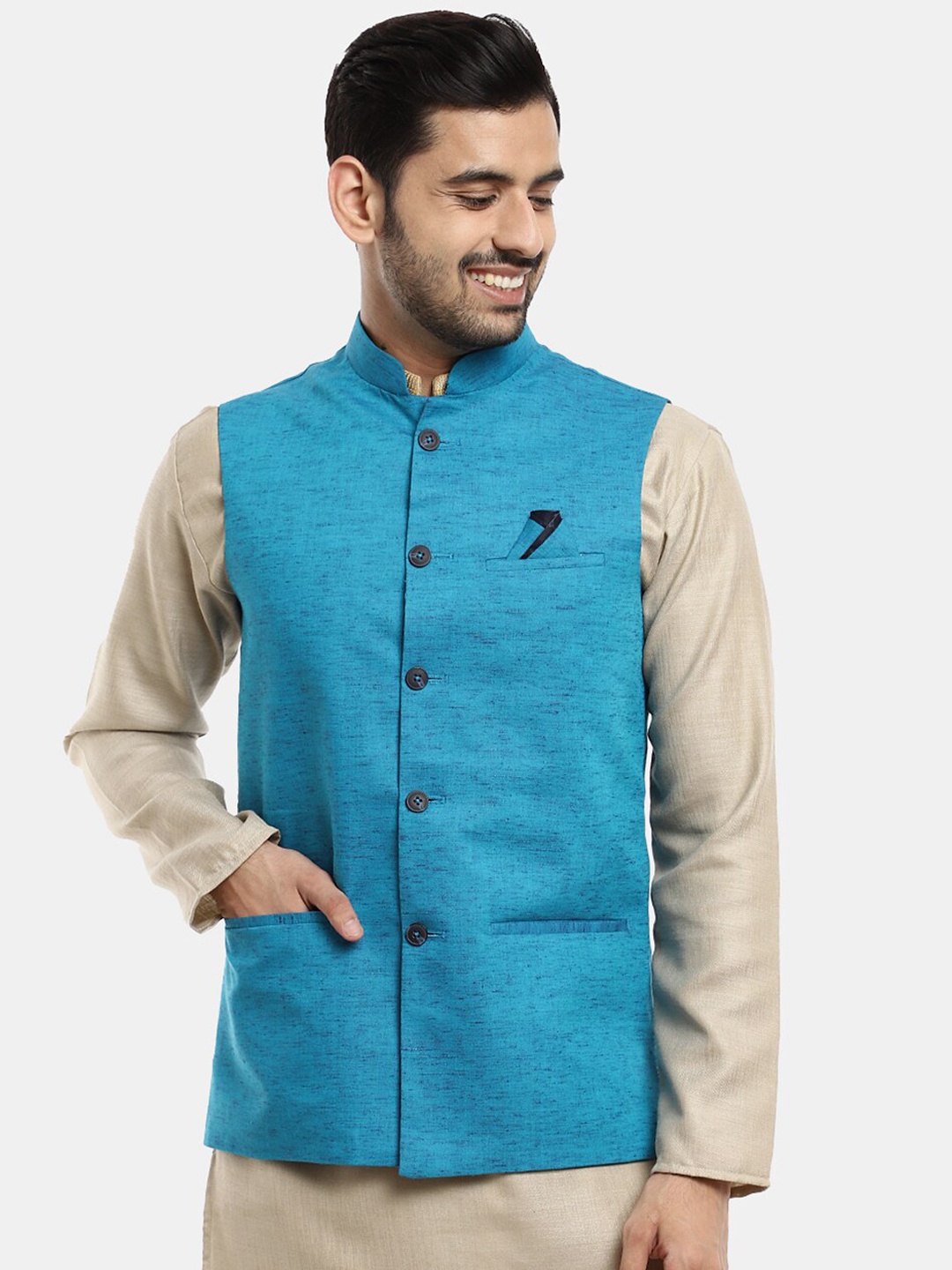 

V-Mart Men Self-Design Woven Nehru Jacket, Teal