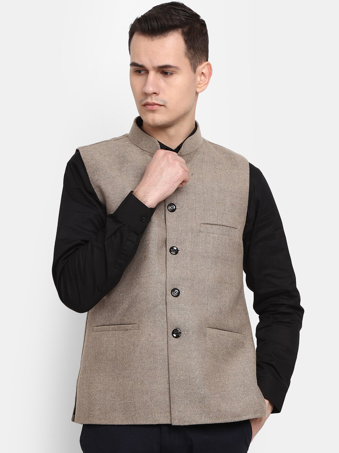 

V-Mart Men Tweed Woven Mandrian Collar Nehru Jacket, Beige