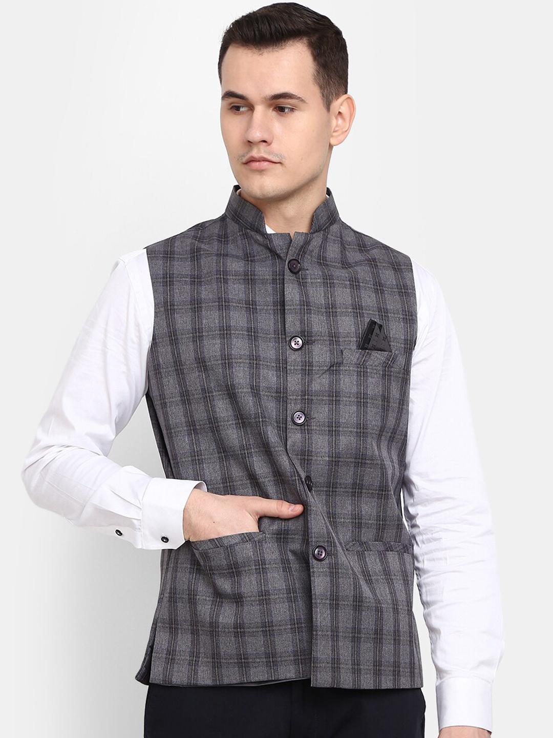 

V-Mart Men Checked Nehru Jacket, Grey