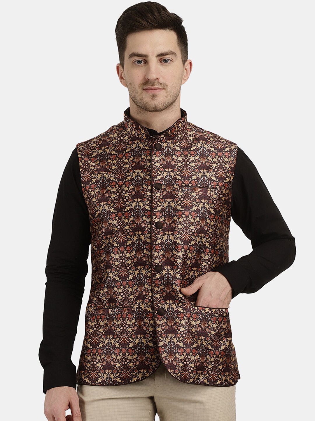 

V-Mart Men Printed Nehru Jacket, Brown