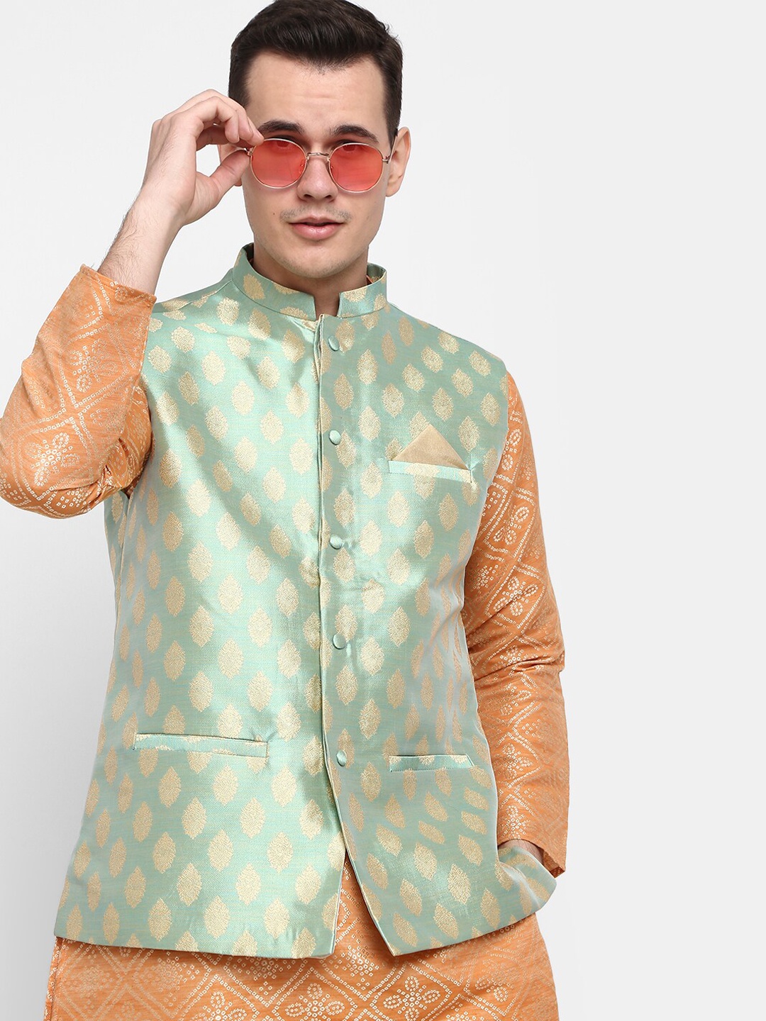 

V-Mart Men Woven Design Nehru Jacket, Sea green