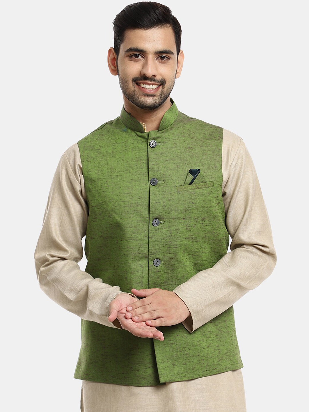 

V-Mart Men Woven Design Nehru Jacket, Green