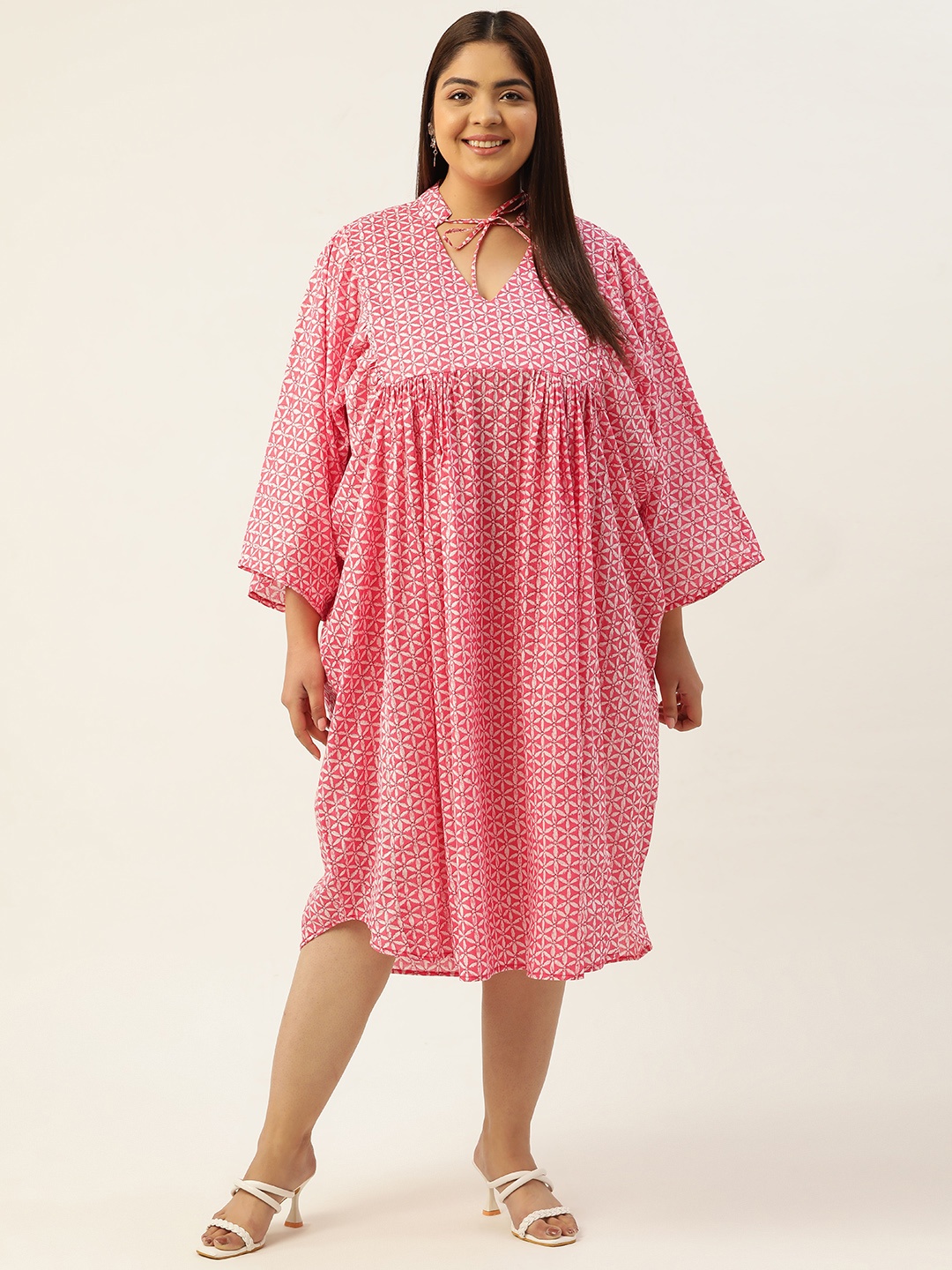 

theRebelinme Pure Cotton Plus Size Floral Tie-Up Neck Kaftan Midi Dress, Pink