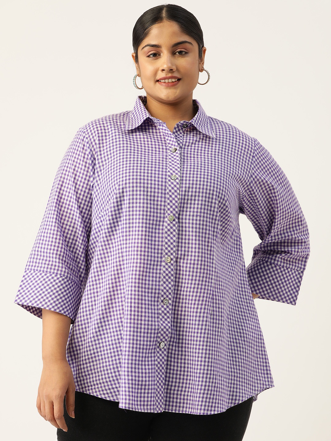 

theRebelinme Plus Size Relaxed Gingham Checked Cotton Formal Shirt, Purple