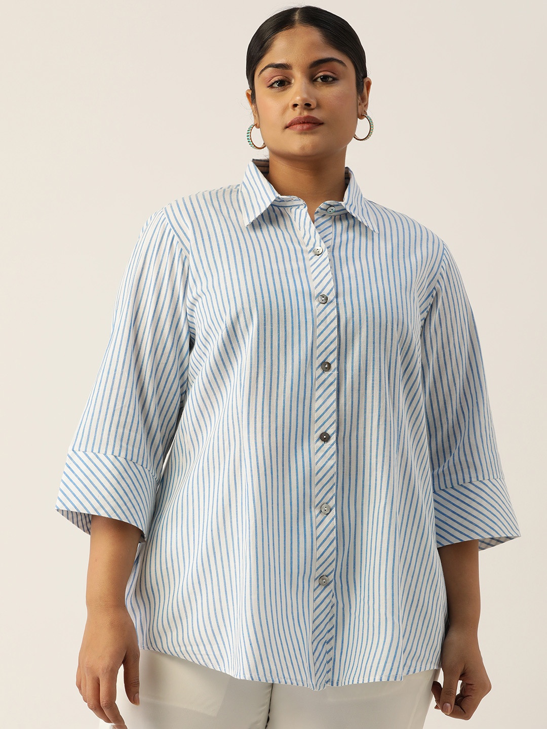 

theRebelinme Women Plus Size Relaxed Striped Cotton Formal Shirt, White