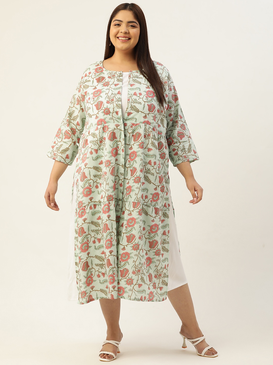

theRebelinme Pure Cotton Plus Size Floral A-Line Midi Dress, Sea green
