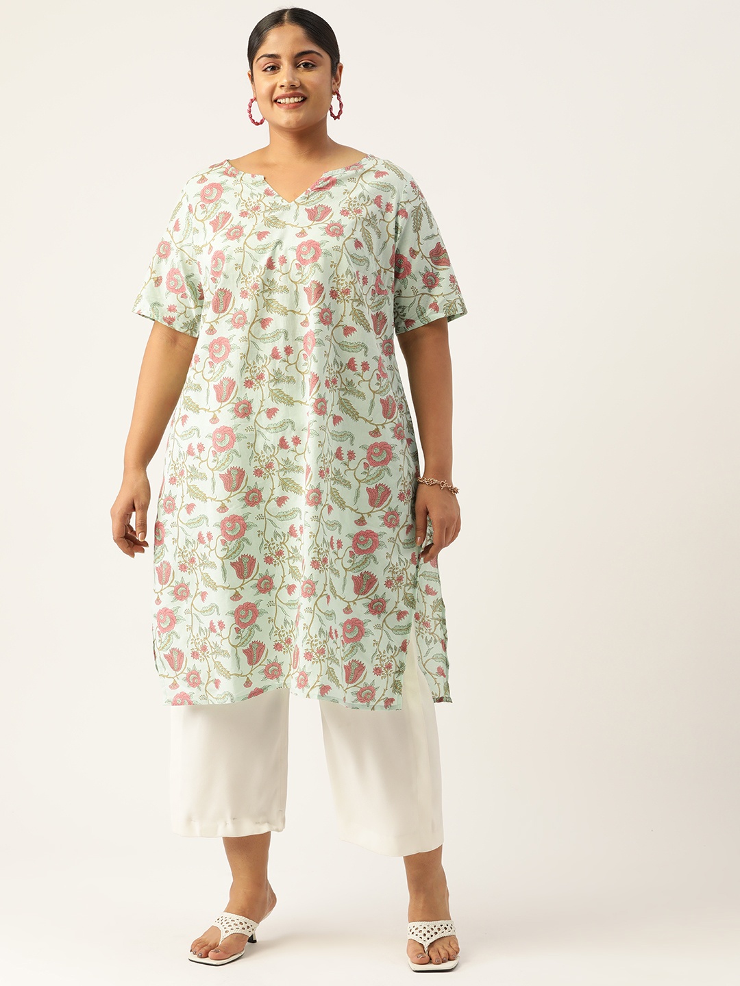 theRebelinme Plus Size Printed Cotton Tunic, Sea green