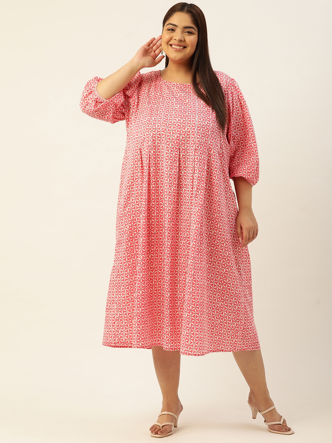 

theRebelinme Pure Cotton Plus Size Floral Midi Dress, Pink