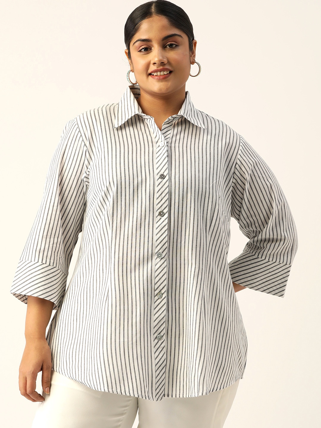 theRebelinme Plus Size Relaxed Striped Formal Shirt, White
