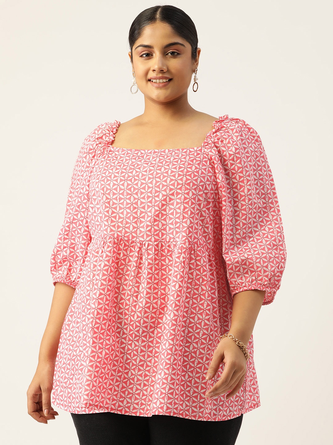 

theRebelinme Plus Size Pure Cotton Floral Print Puff Sleeves Square Neck Longline Top, Pink