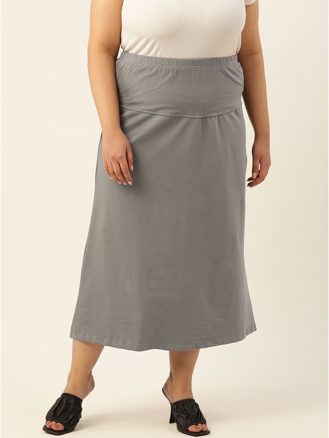 

theRebelinme Plus Size Solid Midi Skirt, Grey
